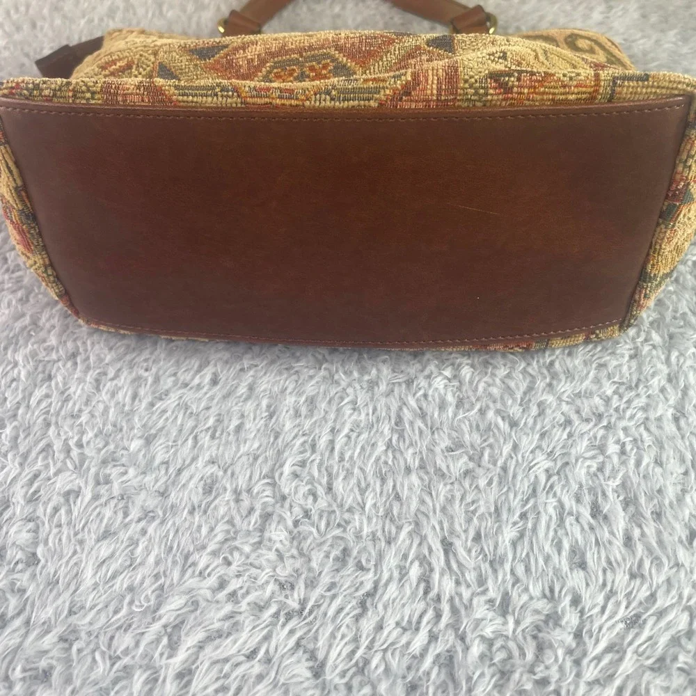 Fossil Satchel Bag Womens Medium Brown Vintage Kilim Tapestry Leather Trim